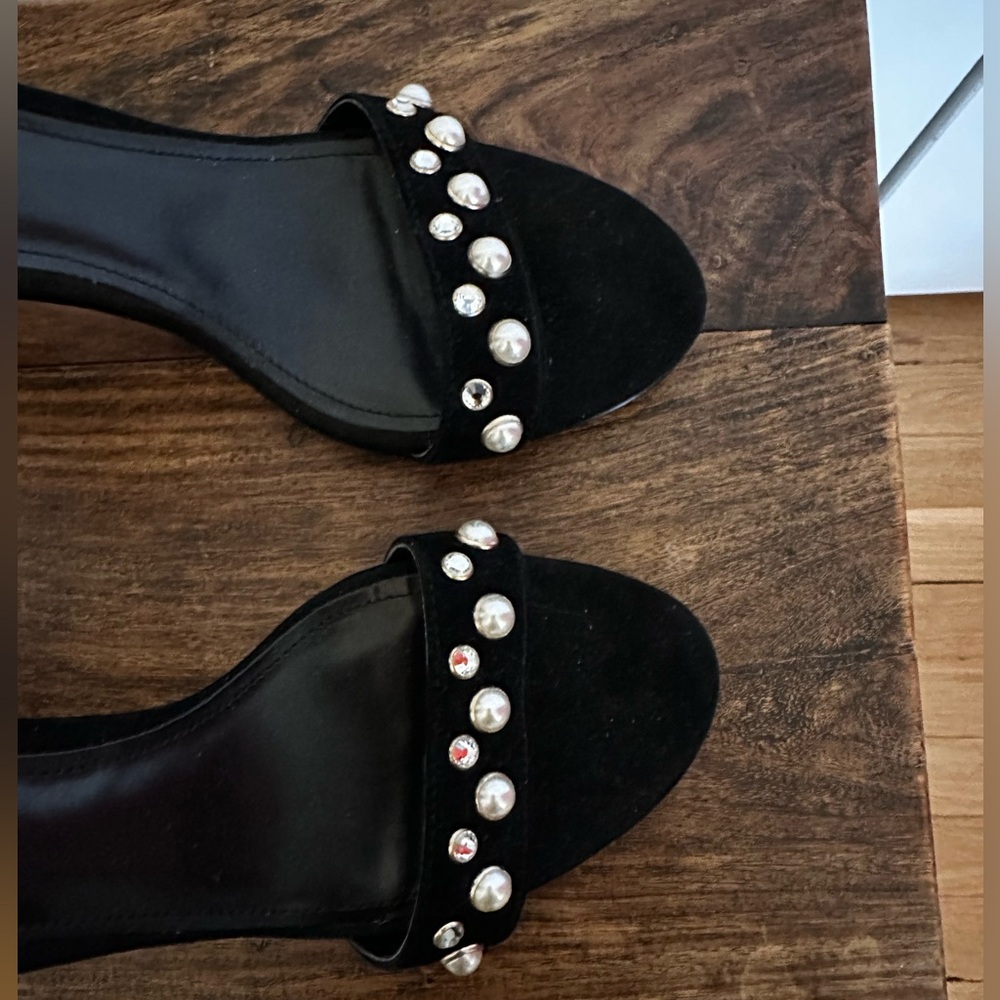 WHBM size 8 block heel sandal—black suede with pearl and rhinestone studs. - Picture 8 of 8